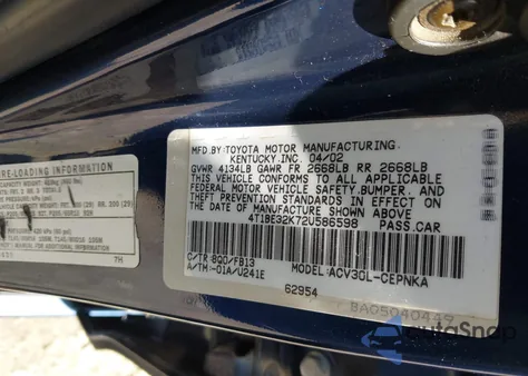 2002 Toyota Camry Le из США, поврежденный, VIN 4T1BE32K72U586598